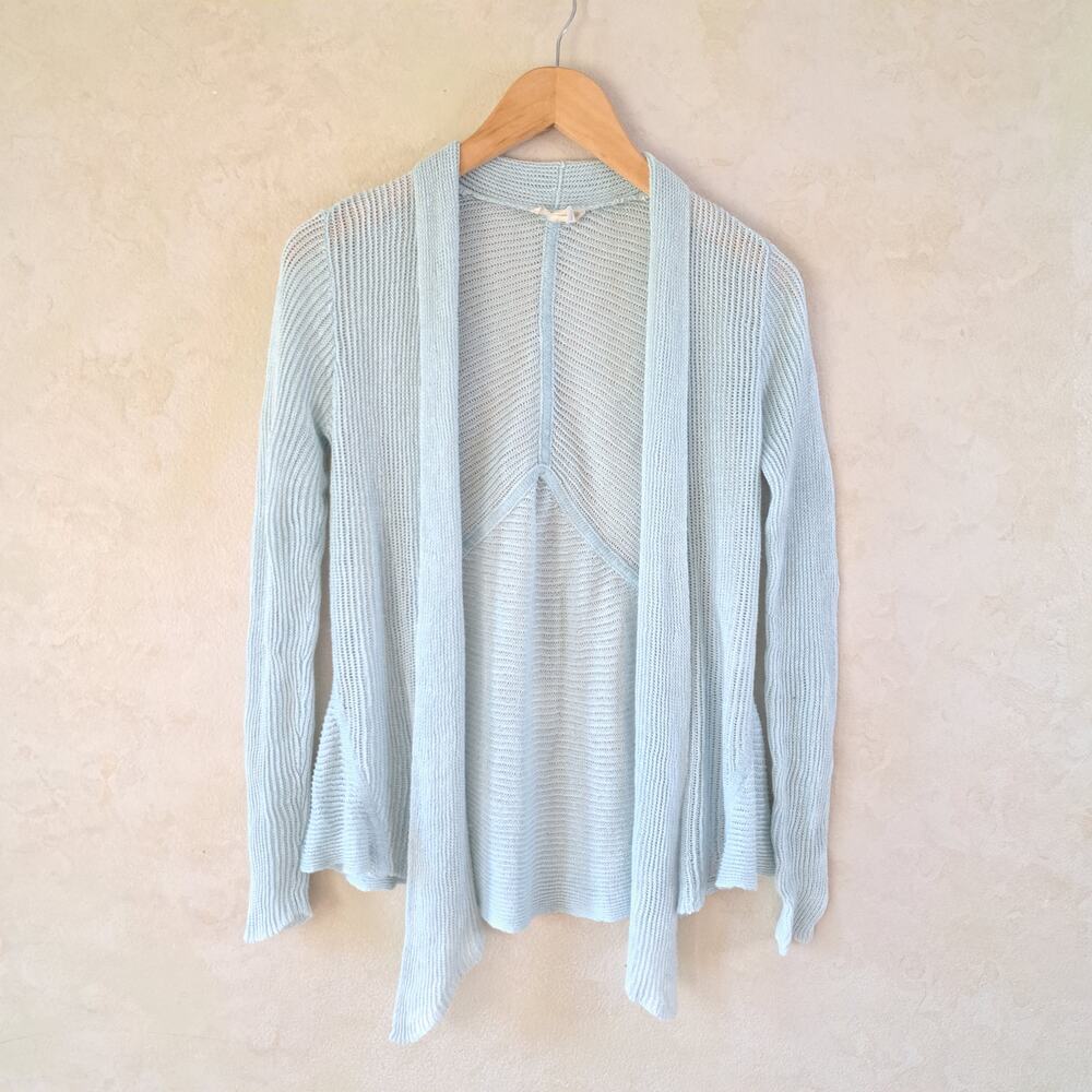 Eileen Fisher Petite Light Aqua 100% Linen Sheer Open Front Cardigan Sweater PS - Picture 6 of 7
